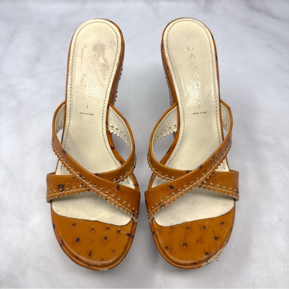 CASADEI Vintage Y2K Ostrich Leather Chunky Platform Wedge Sandal Heels Brown 7 - Picture 3 of 12